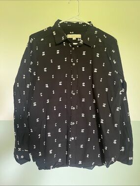 LOFT Black Button-Down Shirt with White Micro Print